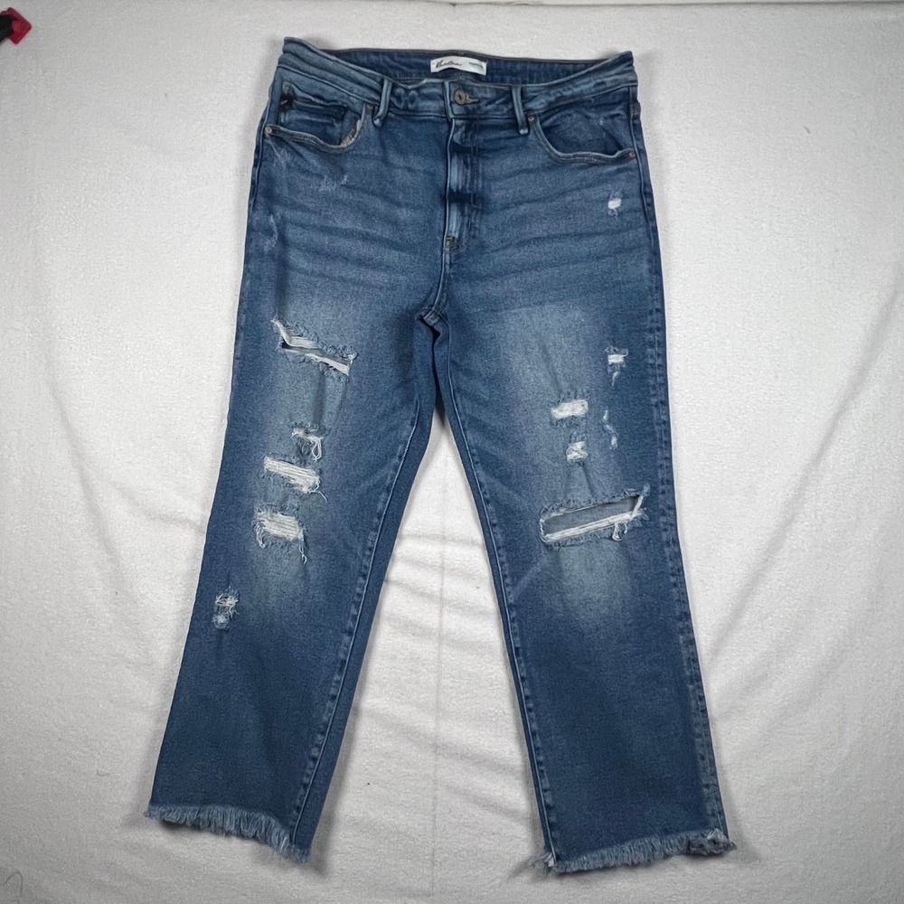 KanCan Womens Jeans Size 30 Straight Leg Distressed Frayed Hem Blue Denim